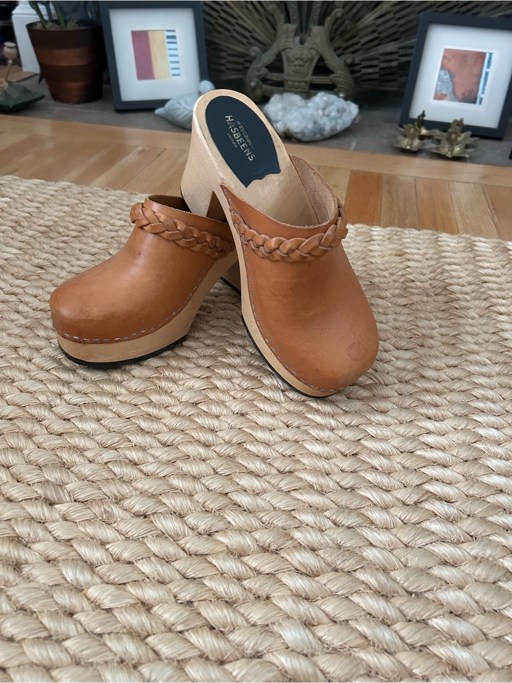 Swedish Hasbeens Cognac Braided Leather Clogs